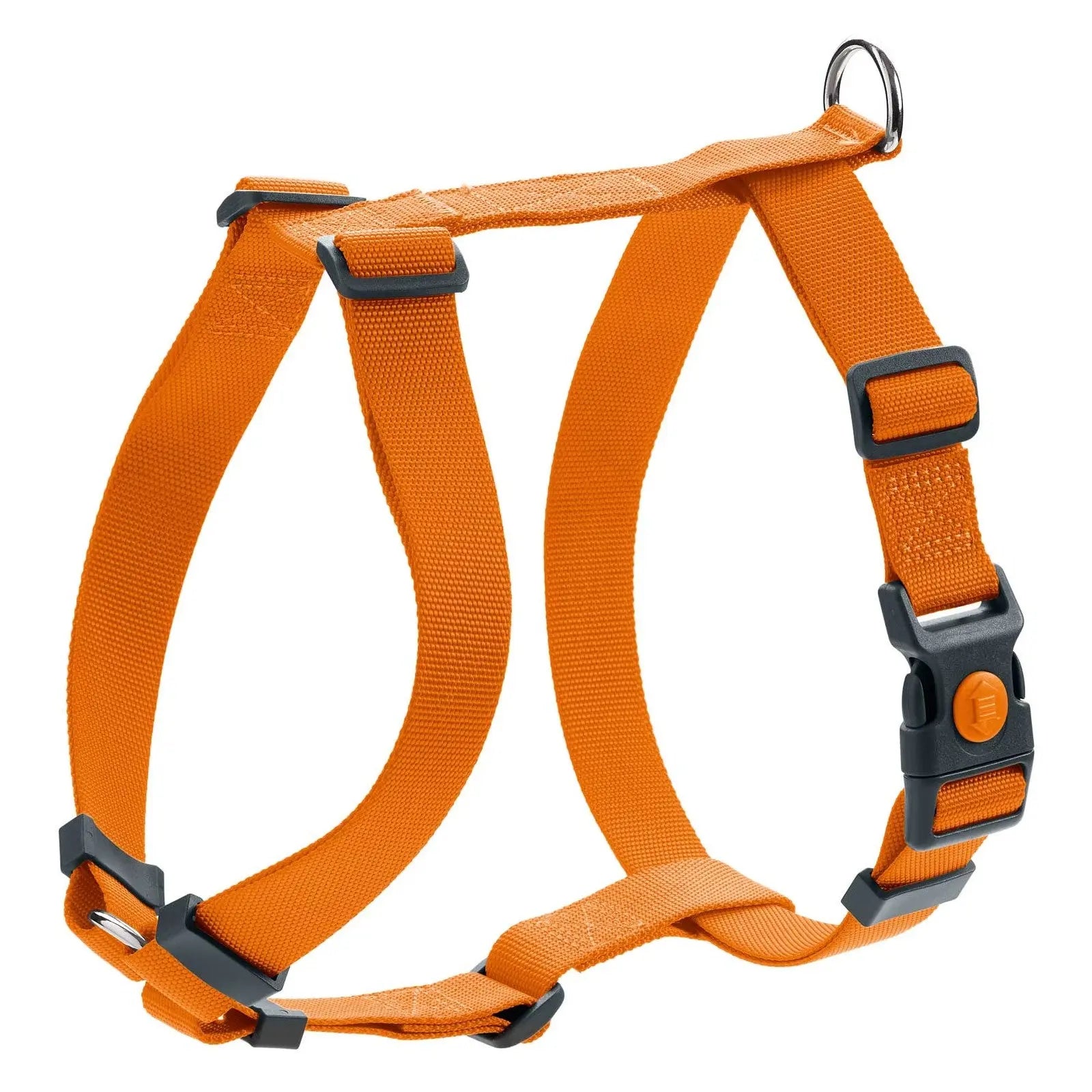 Orange dog harness with adjustable straps and sturdy clips for secure and comfortable fit.