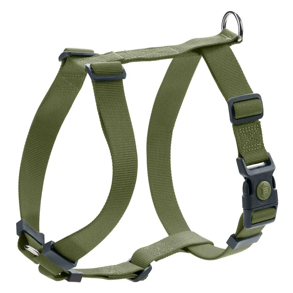 Adjustable green dog harness with sturdy straps and quick-release buckle for comfort and safety.