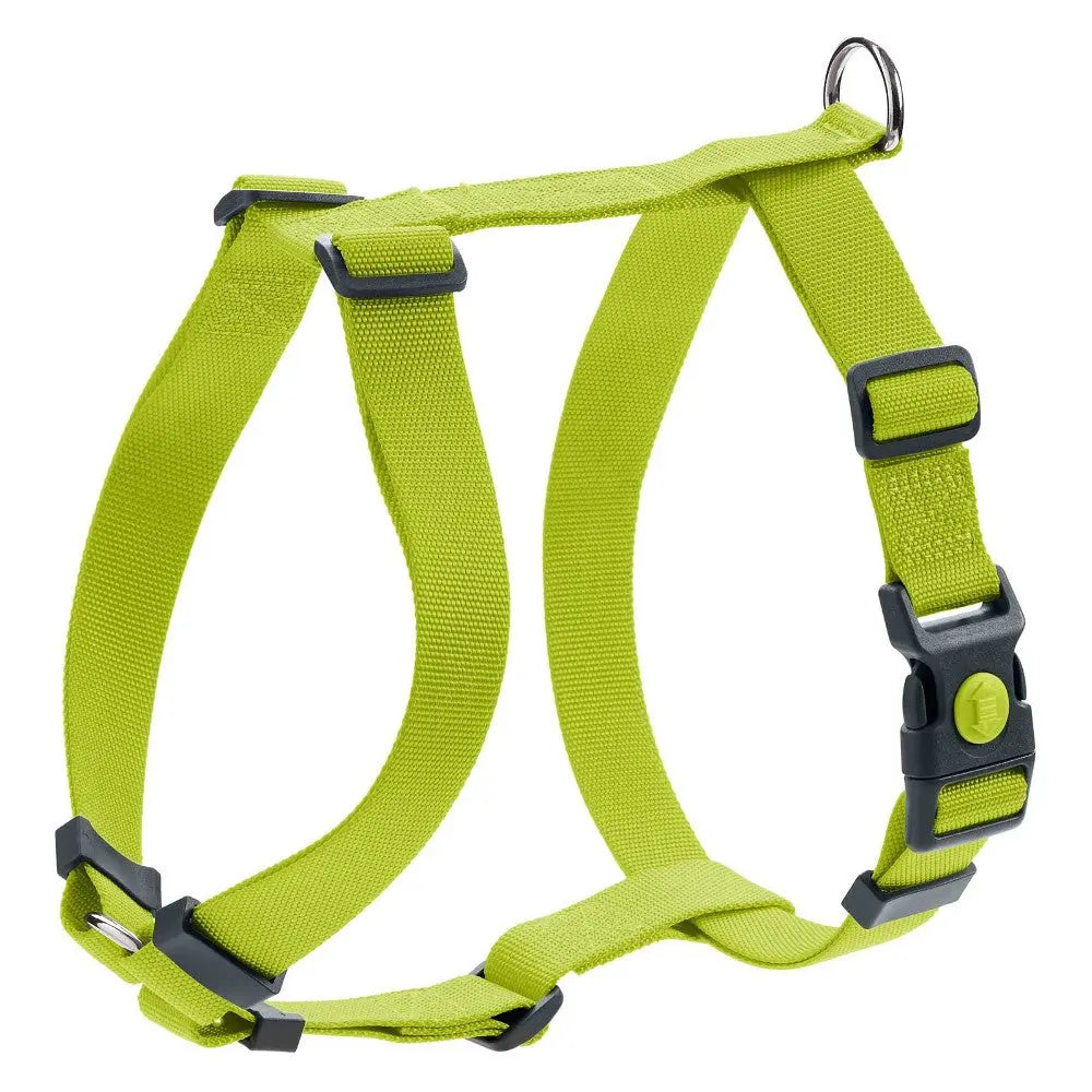 Bright green dog harness with adjustable straps and sturdy clips for secure fit and comfort.