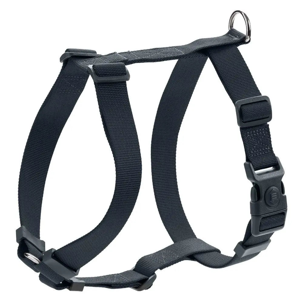 Adjustable black dog harness with sturdy straps and quick-release buckle for secure pet walking.
