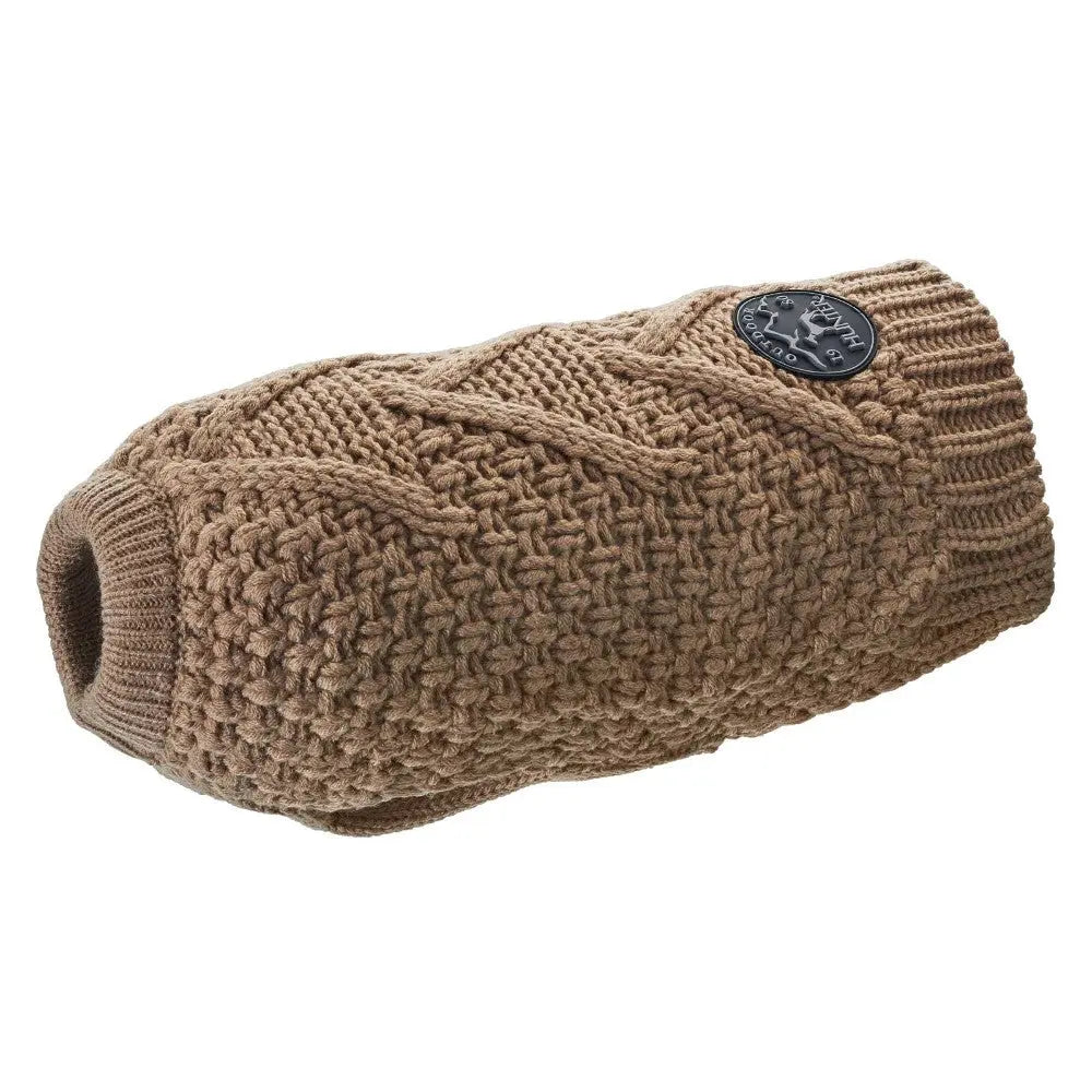 Cozy brown knitted dog sweater with a stylish logo patch for warmth and comfort.