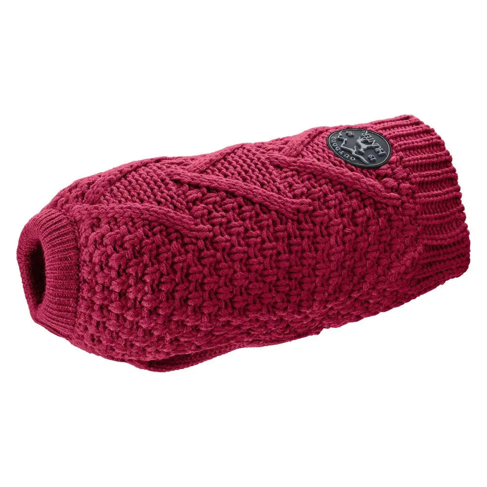 Cozy red knitted dog sweater with a stylish cable pattern and logo patch for warmth and comfort.