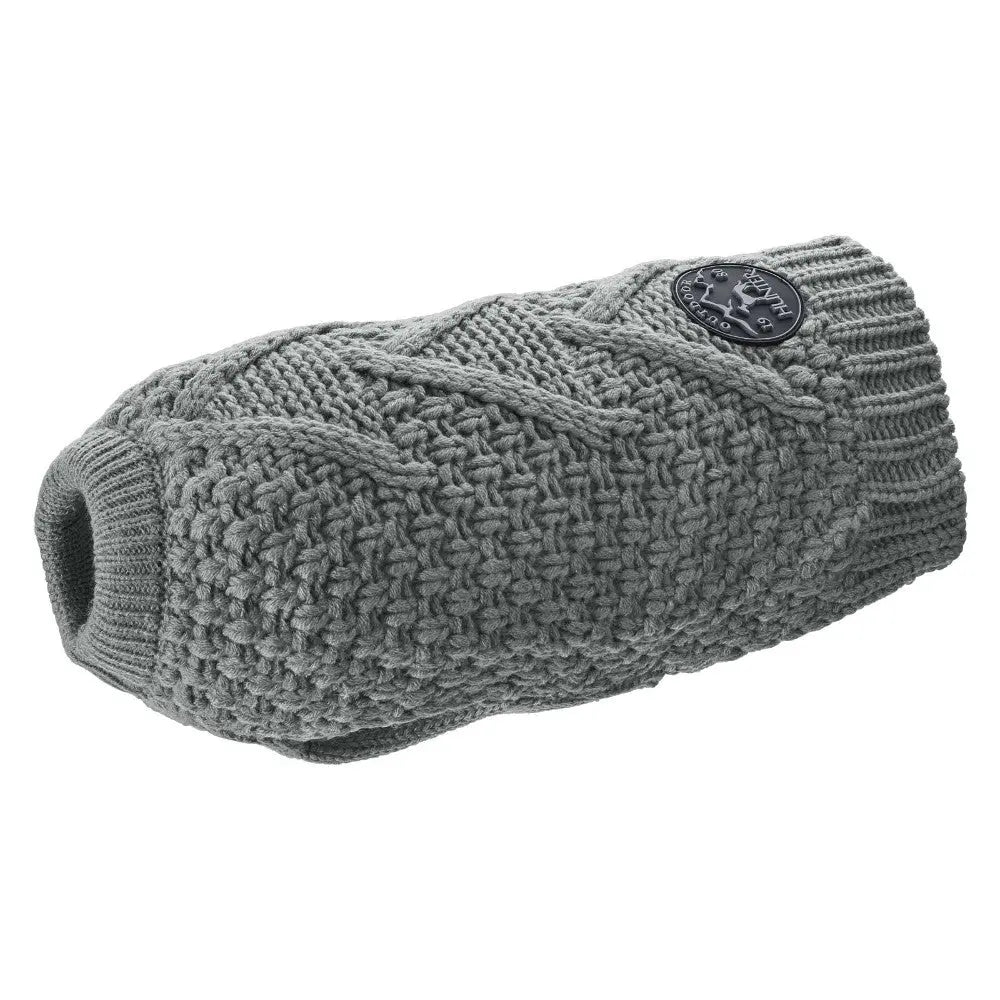 Cozy gray knitted dog sweater with a stylish logo patch for warmth and comfort.