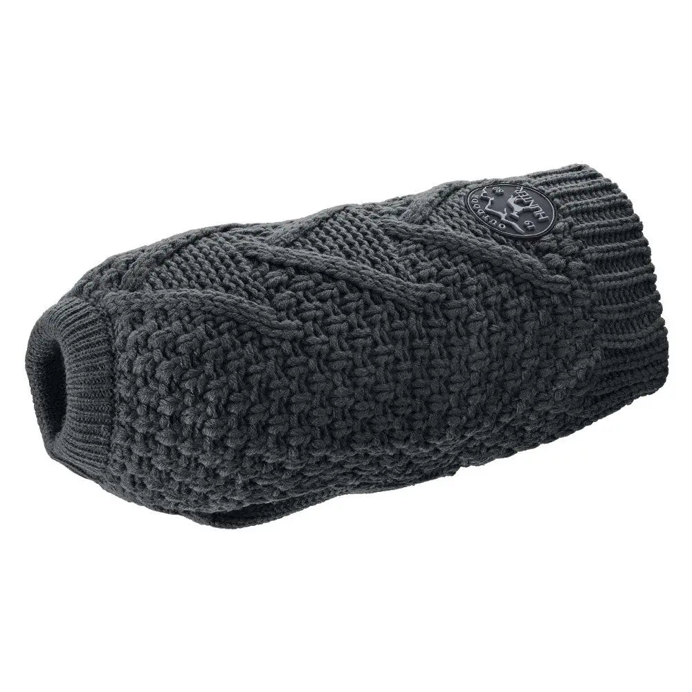 Cozy knitted dog sweater in dark gray, perfect for keeping pets warm during chilly weather.