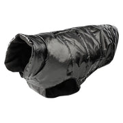 Black puffer dog jacket, warm and stylish, perfect for cold weather walks.