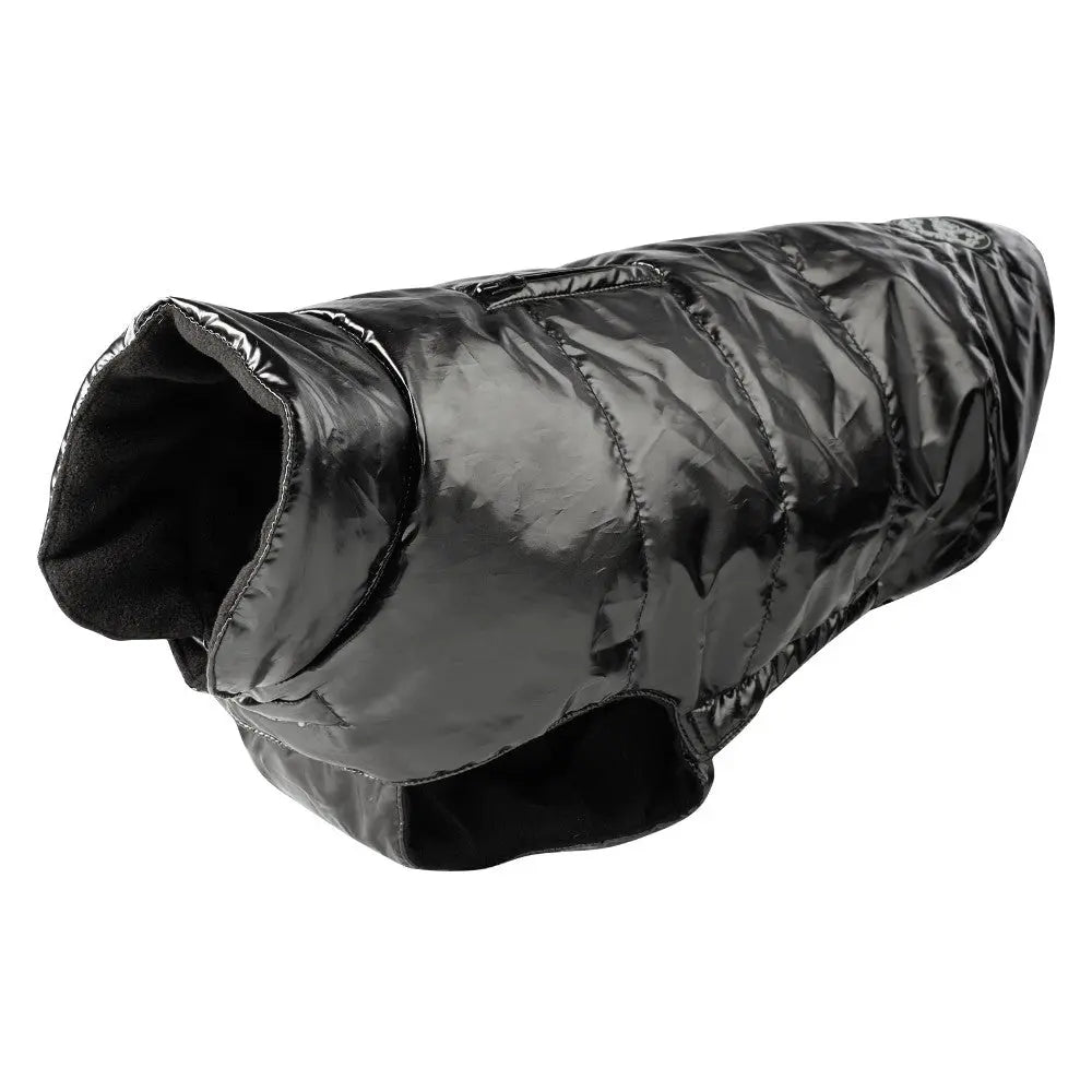 Black puffer dog jacket, warm and stylish, perfect for cold weather walks.