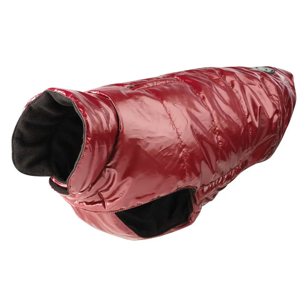 Red puffer dog coat with a soft interior, perfect for keeping pets warm in cold weather.