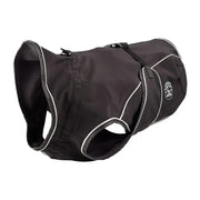 Black dog coat with reflective trim and adjustable straps for warmth and visibility.