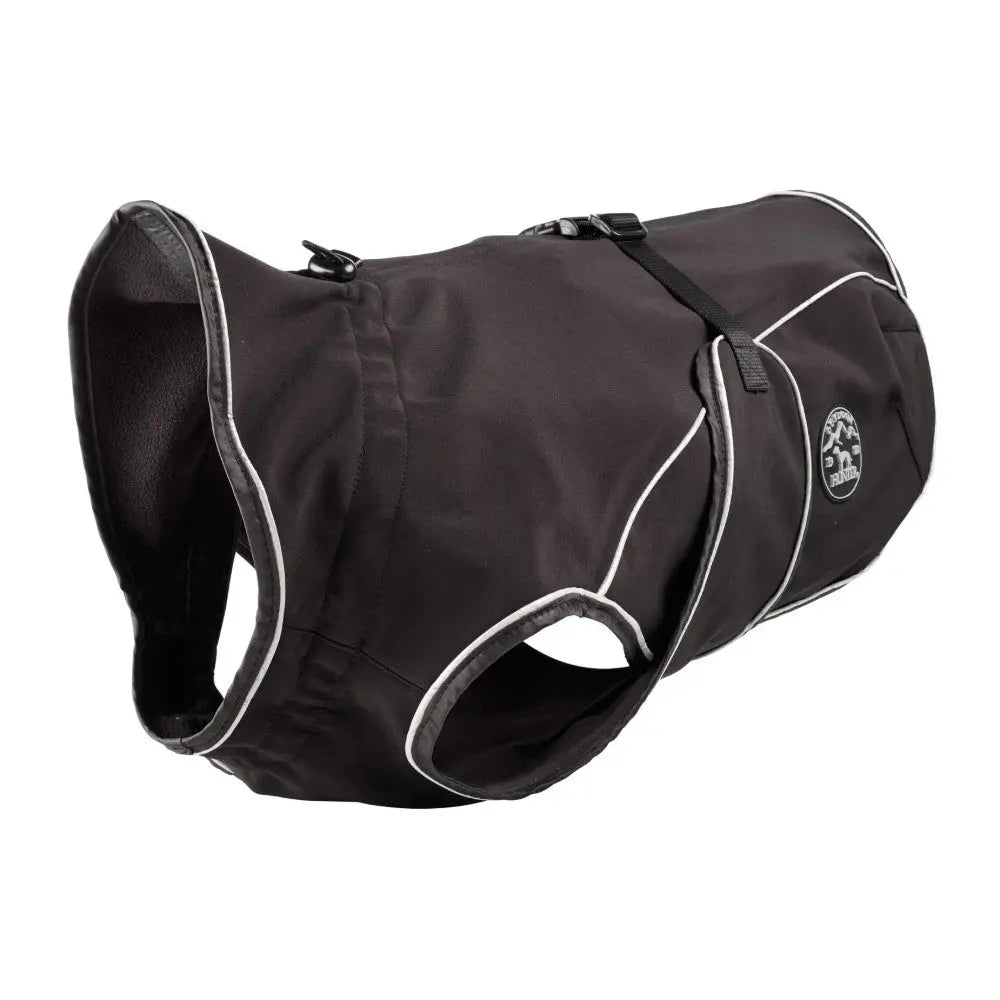 Black dog coat with reflective trim and adjustable straps for warmth and visibility.