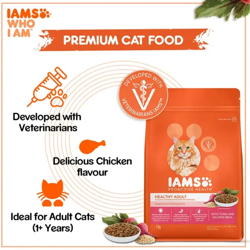 Premium cat food bag featuring chicken flavor, ideal for adult cats, developed with veterinarians.