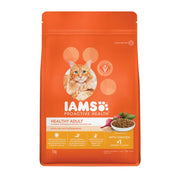 IAMS Proactive Health cat food bag for healthy adult cats, featuring chicken and essential nutrients.