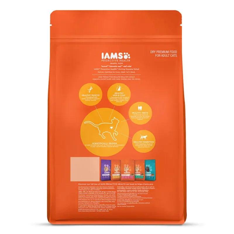 IAMS Proactive Health dry cat food bag with nutritional benefits and feeding guide infographic.