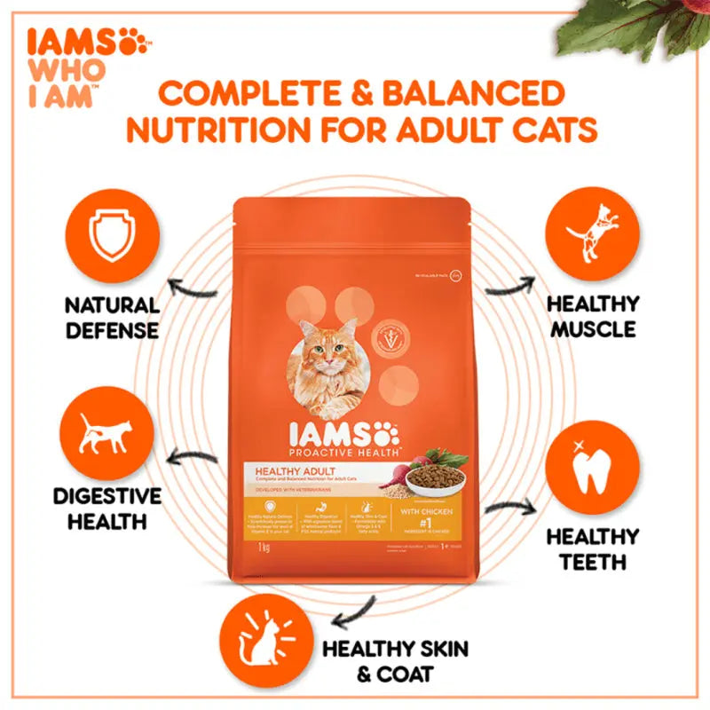IAMS Proactive Health cat food bag with nutrition benefits for healthy adult cats.