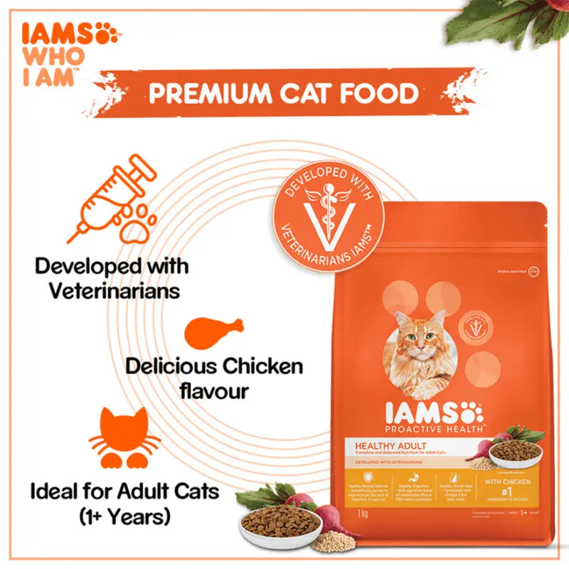 Premium cat food bag featuring chicken flavor, developed with veterinarians for adult cats.