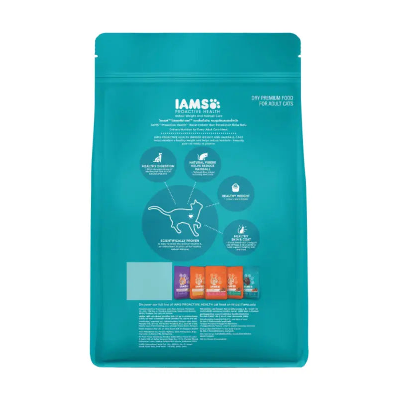IAMS premium dry cat food bag with nutritional benefits and feeding guide infographic on the back.