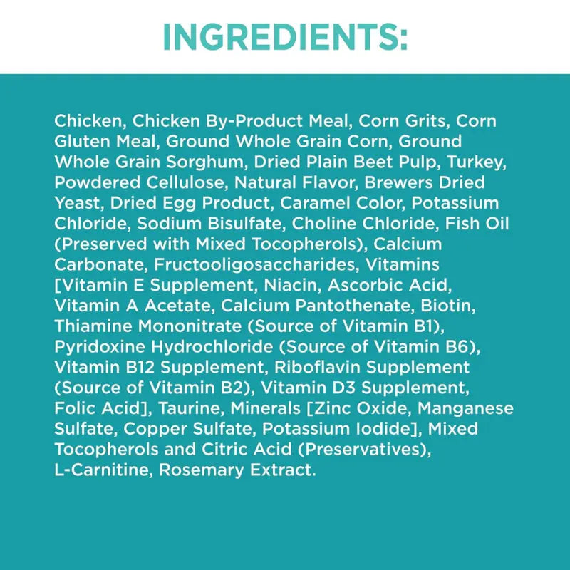 Chicken and corn meal ingredients list for pet food, highlighting nutritional components and supplements.