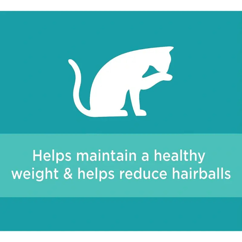 Cat silhouette graphic promoting healthy weight and hairball reduction benefits.