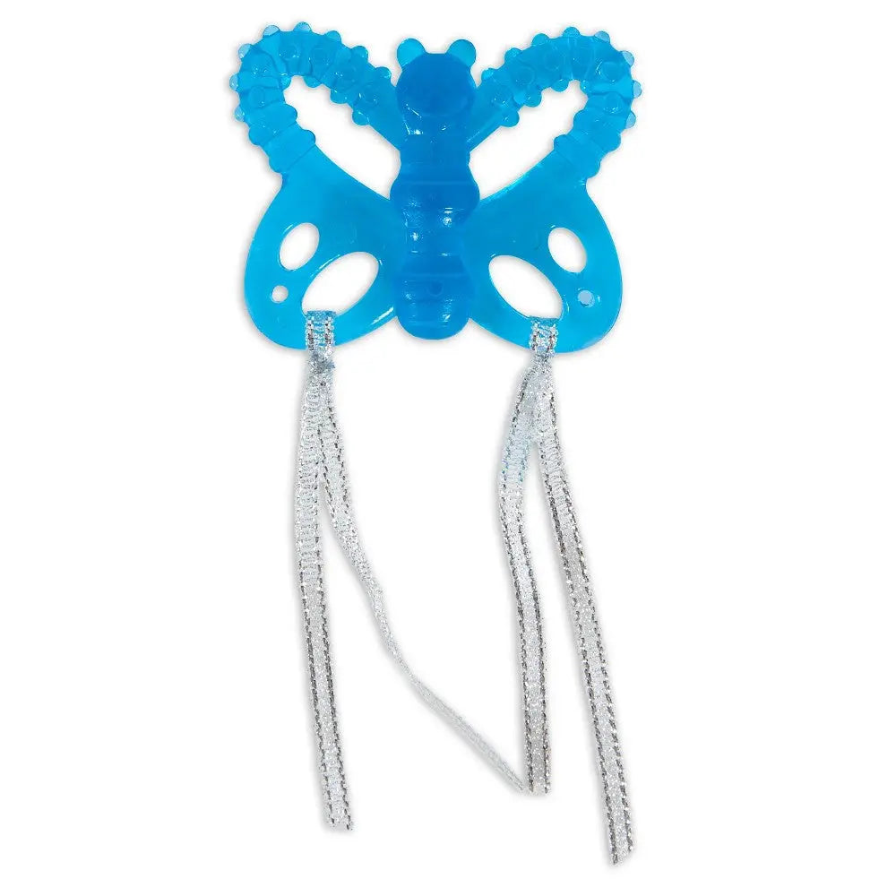 Blue butterfly teether with textured surfaces and ribbons for soothing infants' gums.
