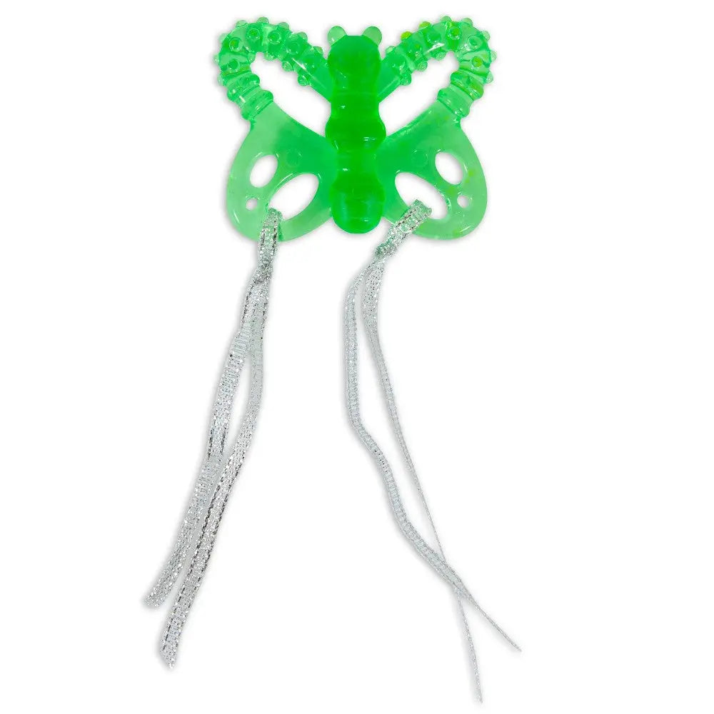 Green butterfly toy with textured surface and shiny strings for sensory play and development.