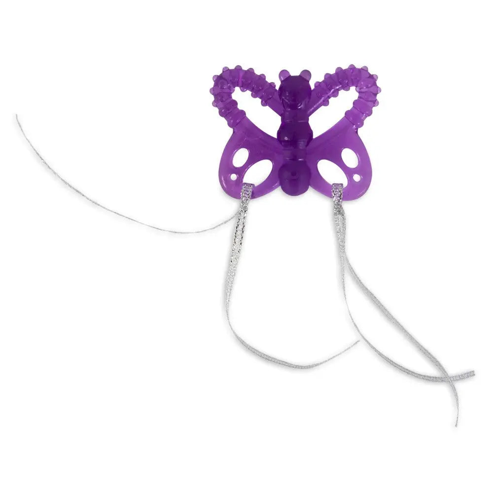 Purple butterfly teether toy with textured surfaces and ribbons for sensory play and soothing gums.