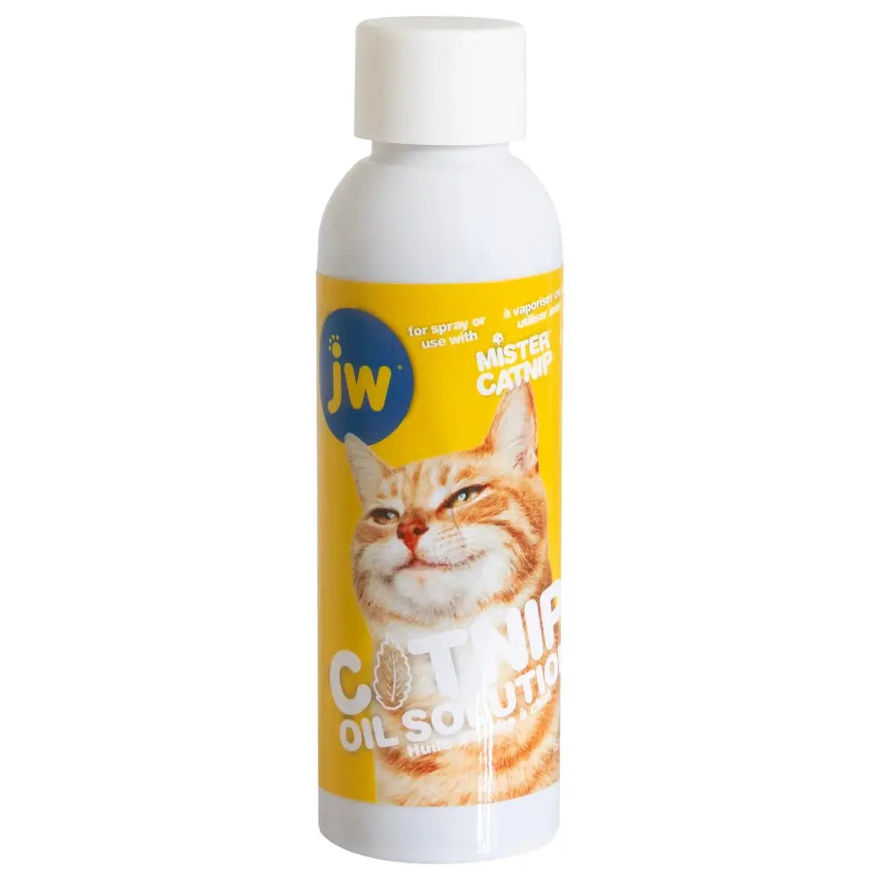Catnip oil solution in a spray bottle for enhancing playtime and stimulating cats.