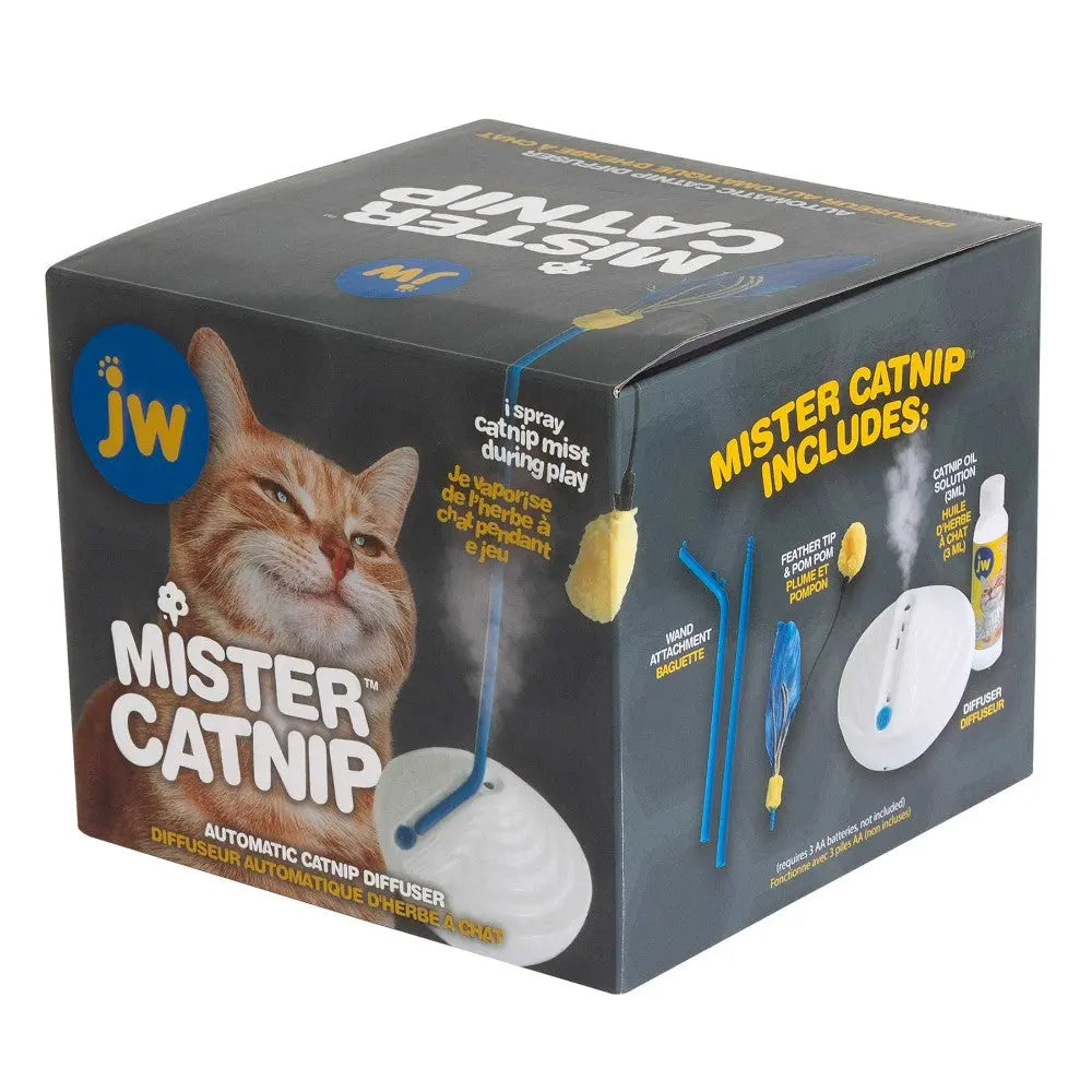 Mister Catnip automatic diffuser box with catnip spray and accessories for playful cats.