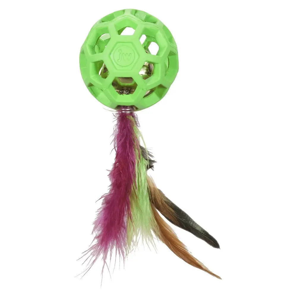Colorful feathered cat toy ball for interactive play and stimulation.