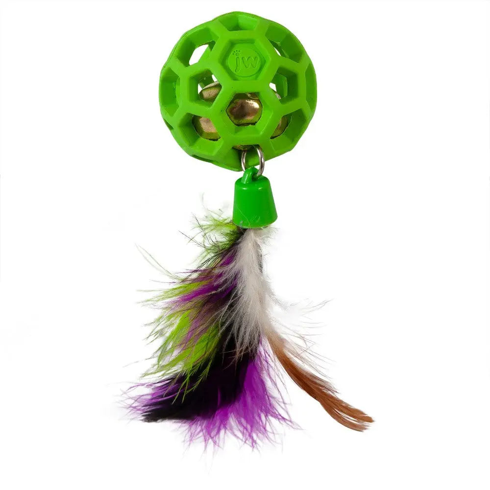 Bright green cat toy with a feather tail for interactive play and stimulation.