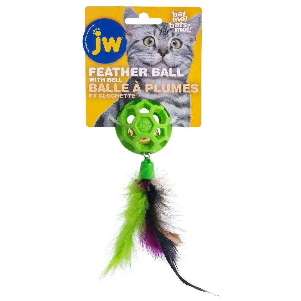 Colorful JW Feather Ball cat toy with bell, perfect for engaging playtime and stimulating your feline friend.