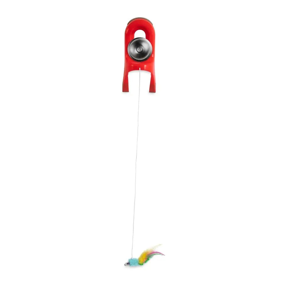 Interactive cat toy with a colorful feather mouse and retractable string for playful engagement.