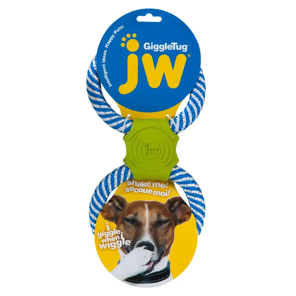 JW GiggleTug dog toy with colorful ropes and playful packaging for interactive fun.