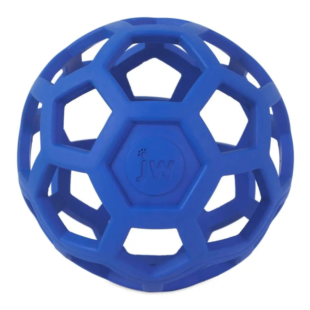 Blue rubber dog toy ball designed for interactive play and fetch activities.