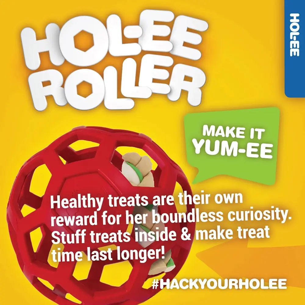 Colorful Holee Roller toy for dogs, designed for stuffing treats and promoting playtime curiosity.