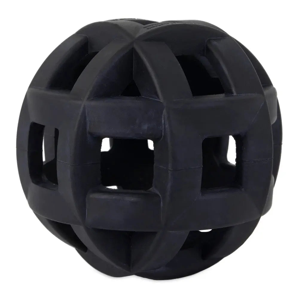 Durable black rubber dog toy ball designed for interactive play and chewing.