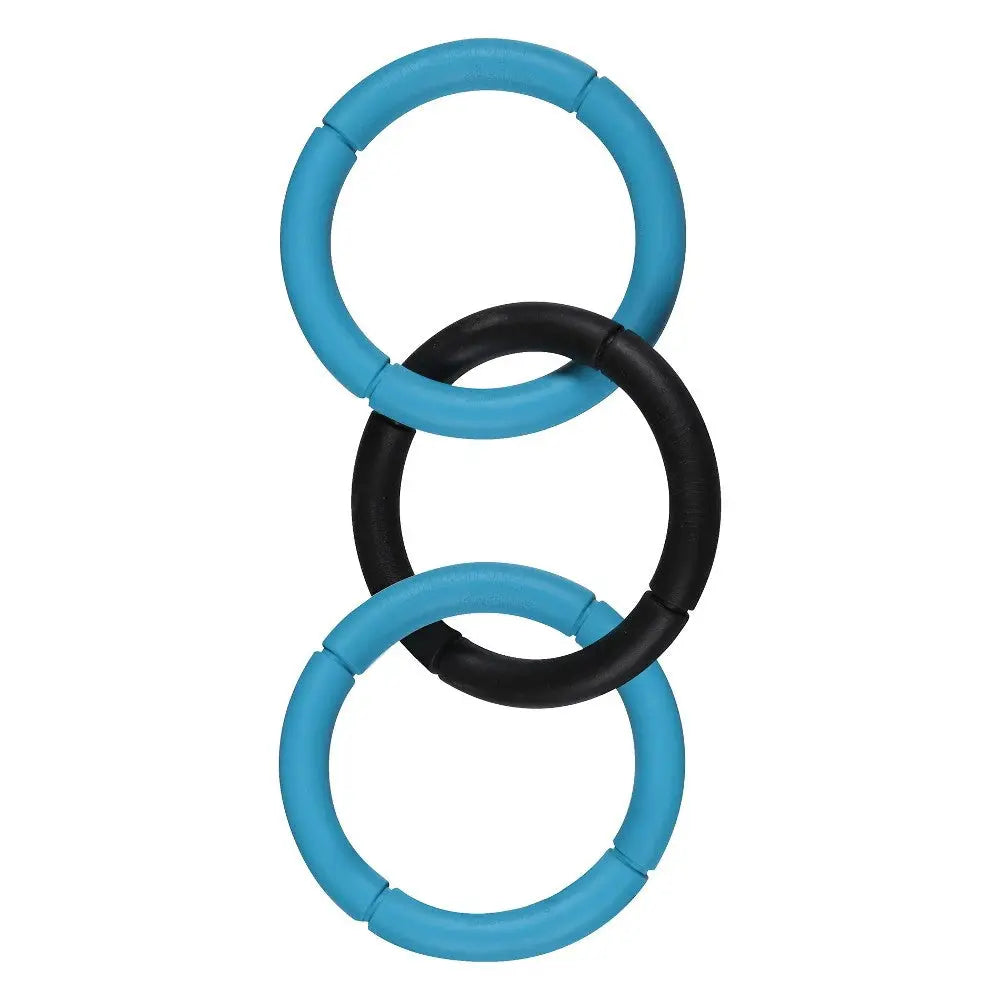 Dog toy rings in blue and black, perfect for interactive play and chewing.