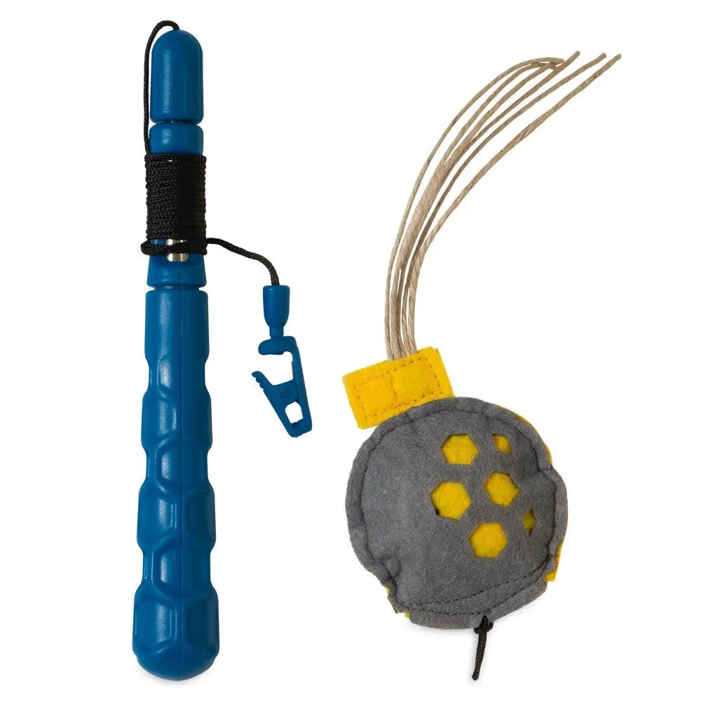 Dog toy set featuring a textured fetch stick and a soft ball for interactive playtime.