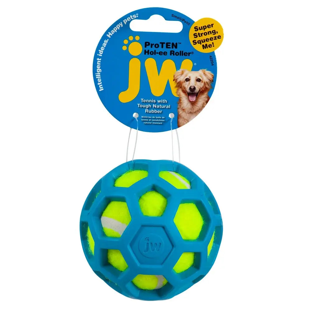 JW Hol-ee Roller dog toy, durable rubber ball for interactive play and fetch, bright colors for visibility.