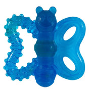 Blue baby teether shaped like a butterfly, designed for soothing gums during teething.