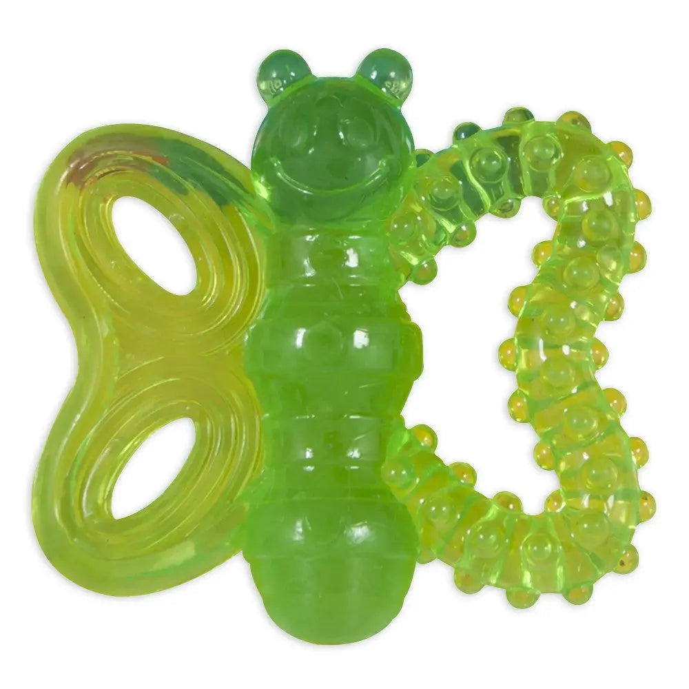 Bright green caterpillar teether for soothing baby's gums and promoting sensory exploration.