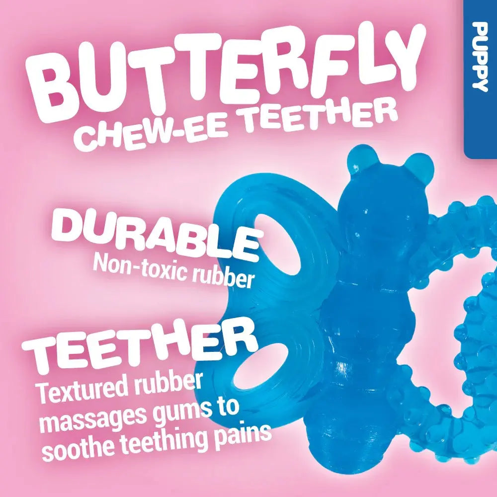 Butterfly-shaped teether made of durable, non-toxic rubber for soothing teething pains in puppies.