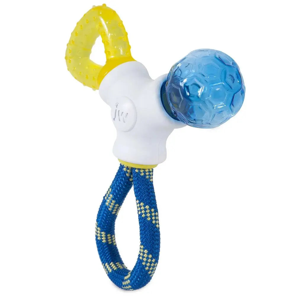 Colorful dog toy with a textured rubber ball and durable rope for chewing and playtime fun.
