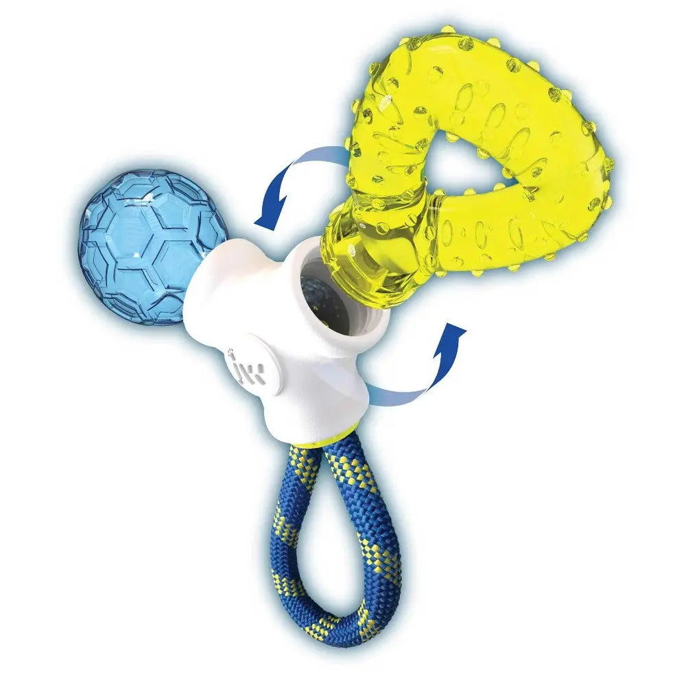 Durable dog toy with a textured yellow ring and blue ball for interactive play and chewing.