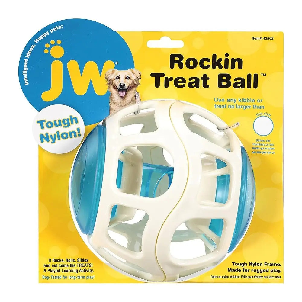 JW Rockin' Treat Ball for dogs, made of tough nylon, encourages play and rewards with treats.