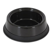 Black pet food bowl with a non-slip base for stable feeding.