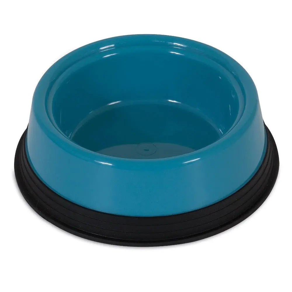 Blue pet food bowl with a non-slip base for stable feeding.