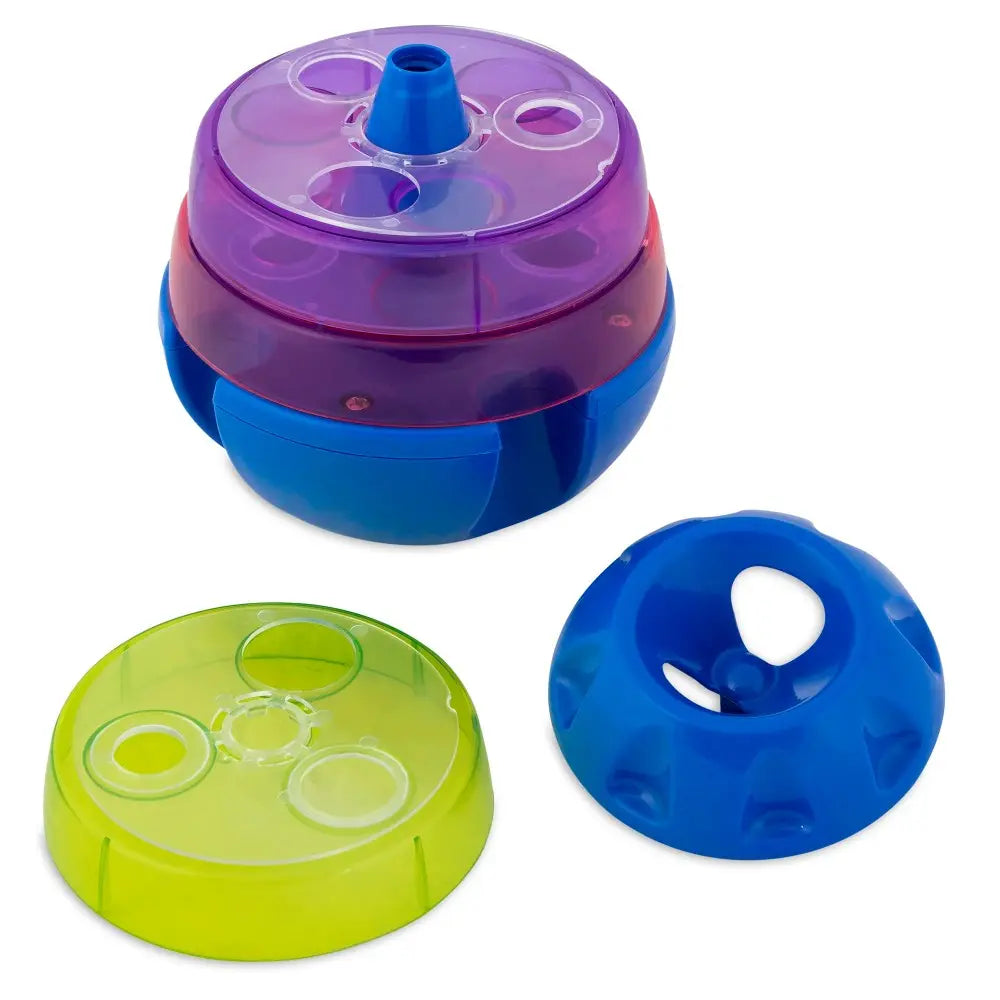 Colorful interactive pet toy with multiple compartments for treats and mental stimulation.