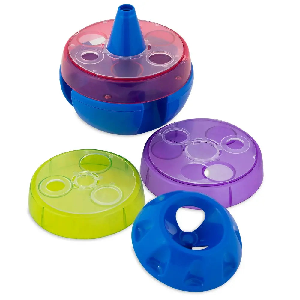 Colorful stacking toy with multiple shapes for sensory play and motor skill development.