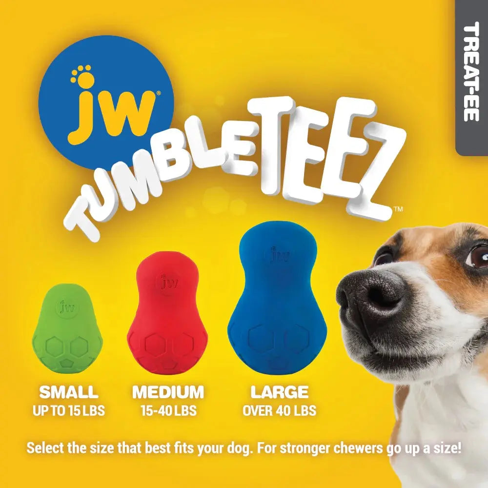 JW Tumble Teez dog toys in small, medium, and large sizes for chewers of all weights.