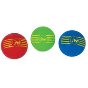 Colorful JW pet balls in red, green, and blue for fun and interactive playtime with your dog.