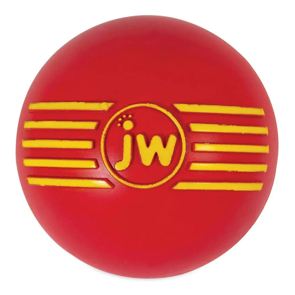 Red rubber dog ball with yellow stripes and JW logo for interactive playtime.